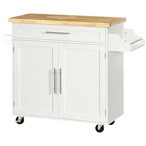 HOMCOM Kücheninsel Küchenwagen auf Rollen mit Arbeitsplatte, Servierwagen mit Schublade, Gewürzregal, Handtuchhalter, Küchentrolley für Küche, Esszimmer Weiß 109 x 40 x 89 cm von HOMCOM