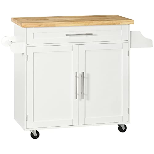 HOMCOM Kücheninsel Küchenwagen auf Rollen mit Arbeitsplatte, Servierwagen mit Schublade, Gewürzregal, Handtuchhalter, Küchentrolley für Küche, Esszimmer Weiß 109 x 40 x 89 cm von HOMCOM