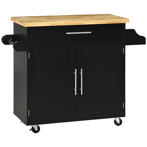 HOMCOM Küchenwagen Servierwagen mit Arbeitsplatte Küchentrolley mit Gewürzregal, Handtuchhalter für Wohnzimmer Esszimmer Schwarz 109 x 40 x 89 cm von HOMCOM