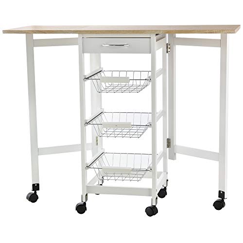 HOMCOM Küchenwagen faltbar Rollwagen Servierwagen Schublade mit 3 Körben 6 Universal-Rollen für Küchen Natur+Weiß 97,2 x 37 x 77,5 cm von HOMCOM