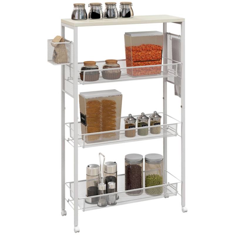 HOMCOM Küchenwagen mit 3 Ebenen Korb Arbeitsplatte Stahl 58 x 18,5 x 87 cm Weiß von HOMCOM
