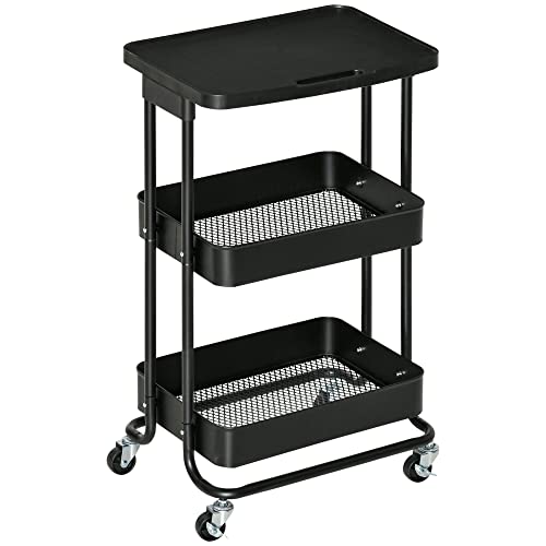 HOMCOM Küchenwagen mit Rädern 3 Ebenen Aufbewahrungswagen mit Bremsen für Bad Wohnzimmer Schlafzimmer Büro 46x34,5x76,5 cm Schwarz von HOMCOM