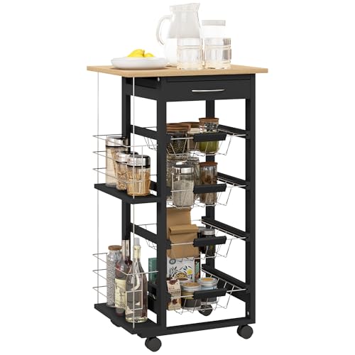 HOMCOM Küchenwagen mit Rädern Mehrzweckwagen mit Schublade 4 Metallauszugskörbe und Seitenablagen 47x37x83 cm Schwarz und Naturholz HOMCOM Küchenwagen mit Rädern Mehrzweckwagen mit Schublade 4 Metallauszugskörbe und Seitenablagen 47x37x83 cm Schwarz und Naturholz von HOMCOM
