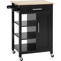 HOMCOM Küchenwagen mit Rollen Servierwagen Zeitgemäßer Stil - Tür, Schublade, 3 Regale - Metallgriffe Oberseite Kautschukholz Schwarz   Aosom von HOMCOM