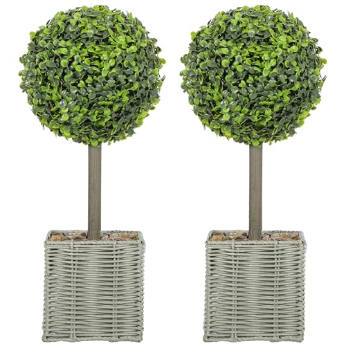 HOMCOM Künstliche Buchsbaum 2er-Set 50 cm Kunstpflanze mit Topf, Zierkieseln, künstliche Pflanzen im Topf, UV-beständig Kunstbaum wie echt Dekoration für Wohnzimmer Schlafzimmer Outdoor von HOMCOM