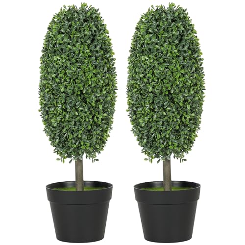 HOMCOM Künstliche Buchsbaum 2er-Set 60 cm Kunstpflanze im Olivenform, künstliche Pflanzen im Topf, UV-beständig Kunstbaum wie echt Dekoration für Wohnzimmer Schlafzimmer Outdoor von HOMCOM