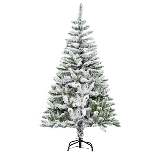 HOMCOM Künstlicher Weihnachtsbaum, 150 cm Kunstkiefer mit Kunstschnee, mit 358 Astspitzen faltbar Standfuß, für Weihnachtsfest, Indoor, Grün+Weiß von HOMCOM