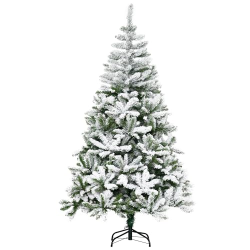 HOMCOM Künstlicher Weihnachtsbaum, 180 cm Kunstkiefer mit Kunstschnee, mit 750 Astspitzen faltbar Standfuß, für Weihnachtsfest, Indoor, Grün+Weiß von HOMCOM