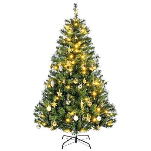 HOMCOM Künstlicher Weihnachtsbaum 150 cm künstlich Tannenbaum mit LED Beleuchtung, Kugeln, Christbaum mit 511 Spitzen, 6 Tannenzapfen, Weihnachtsdeko inkl. Metallständer für Drinnen von HOMCOM