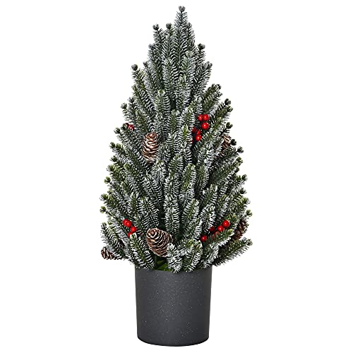 HOMCOM Künstlicher Weihnachtsbaum Kleiner Tisch-Christbaum 170 Äste schneebedecktes Design Mini-Christbaum mit Kunststoffsockel Beeren Tannenzapfen PE PVC Grün Ø27 x 47 cm von HOMCOM