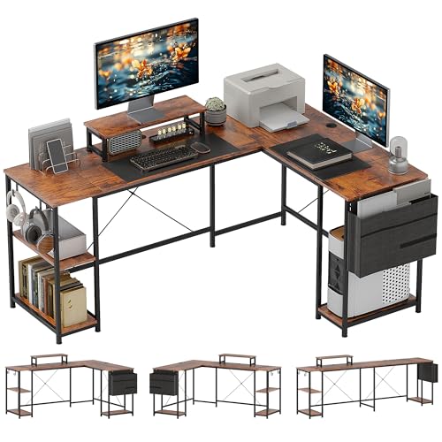 HOMCOM Schreibtisch L Form mit Regal, Computertisch mit Monitorständer & 2 Haken Umkehrbarer Gaming Tisch Eckschreibtisch für Büro, Schlafzimmer, 168 x 120 x 90 cm, Rustikal-Braun HOMCOM Schreibtisch L Form mit Regal, Computertisch mit Monitorständer & 2 Haken Umkehrbarer Gaming Tisch Eckschreibtisch für Büro, Schlafzimmer, 168 x 120 x 90 cm, Rustikal-Braun von HOMCOM