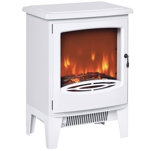 HOMCOM LED Elektrokamin Standkamin Kaminofen mit Flammeneffekt 900/1800W Metall ABS-Kunststoff Glas Weiß 39 x 26 x 54,8 cm von HOMCOM
