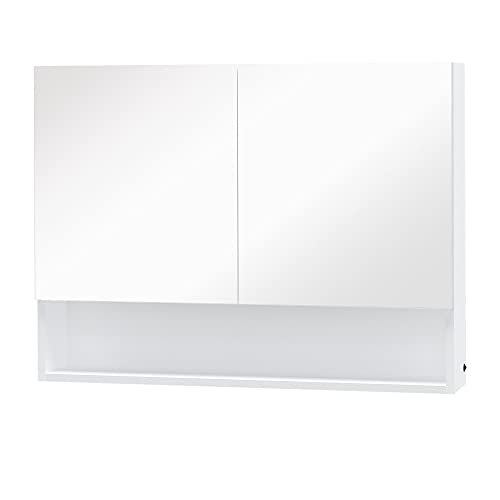 HOMCOM LED Spiegelschrank Badschrank mit Zwei Türen und Ablage Hängeschrank Badezimmerspiegel Badmöbel Mehrzweckschrank für Badezimmer Soft-Close-Funktion wasserfest MDF Weiß 80 x 15 x 60 cm von HOMCOM