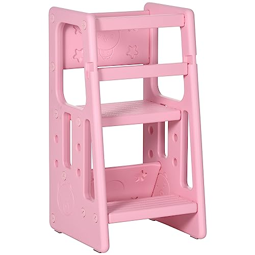 HOMCOM Lernturm Kinder-Tritthocker, Montessori Lernturm mit Handgriffe, Höhenverstellbarer Schemel, Küchenhelfer für Kinder 1,5 bis 5 Jahre, HDPE, Rosa, 47 x 47 x 90 cm von HOMCOM