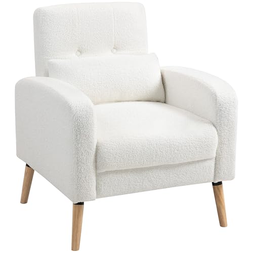 HOMCOM Loungesessel Sessel mit Lendenkissen, Gepolstert Polstersessel mit Holzbeine, Fleece-Stoff, Relaxsessel Einzelsessel für Wohnzimmer, Schlafzimmer, Weiß von HOMCOM