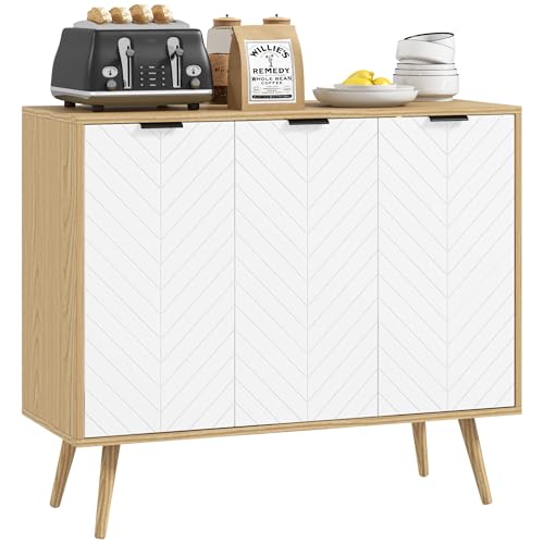 HOMCOM Lowboard, Aufbewahrungsmöbel, verstellbare Regale, 2 Schränke, 4 Türen mit Fischgrätenmuster, für Küche, Esszimmer, Wohnzimmer, 91,5 x 35 x 77,4 cm, weiß und Naturholz HOMCOM Lowboard, Aufbewahrungsmöbel, verstellbare Regale, 2 Schränke, 4 Türen mit Fischgrätenmuster, für Küche, Esszimmer, Wohnzimmer, 91,5 x 35 x 77,4 cm, weiß und Naturholz von HOMCOM