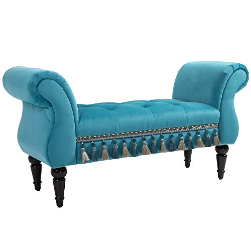 HOMCOM Sitzbank Polsterbank, Samtoptik, Luxus Bettbank mit Holzbeine, Flurbank für Schlafzimmer, bis 150 kg Belastbar, Blau, 117 x 40 x 58 cm von HOMCOM