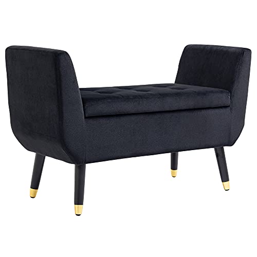 HOMCOM Sitzbank mit Stauraum Armlehnen Polsterbank mit Samtoptik, Sitztruhe mit Holzbeine, Truhenbank für Wohnzimmer Schlafzimmer Flur 107 x 42 x 65 cm, Schwarz von HOMCOM