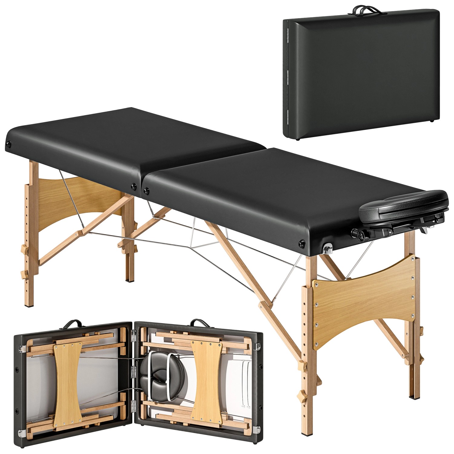 HOMCOM Massageliege Kunstleder Holz 215L x 70B x 61-86H cm Schwarz von HOMCOM
