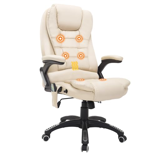 HOMCOM Massagesessel Bürosessel Bürostuhl Chefsessel Gamingsessel 6 Punkt Vibrations Massage mit Wärmefunktion Kunstleder Ledersessel drehbar Creme 62 x 68 x 111 – 121cm von HOMCOM