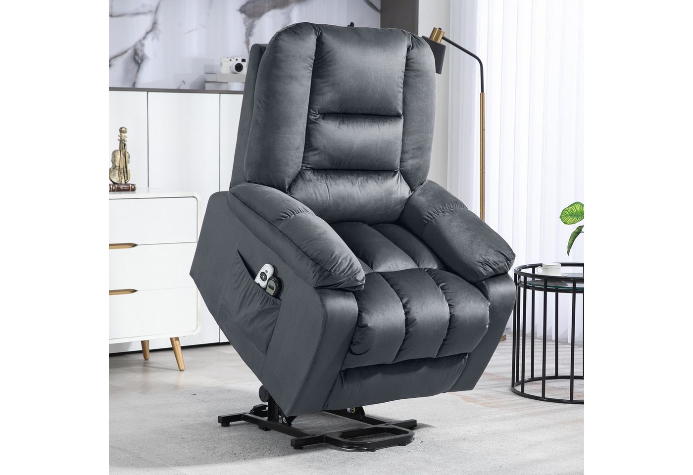 HOMCOM Massagesessel Elektrischer Aufstehsessel mit Seitentaschen (Fernsehsessel mit Fernbedienung, 1-St., Relaxsessel mit Liegefunktion), für Arbeitszimmer, Wohnzimmer, Grau von HOMCOM