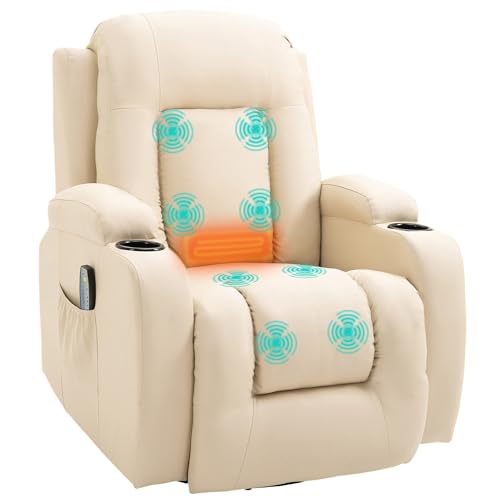 HOMCOM Relaxsessel mit Massagefunktion Elektrisch Fernsehsessel mit Liegefunktion, Wärmfunktion, Drehbar Massagesessel mit Wippfunktion, Fernbedienung, Kunstleder, Cremeweiß von HOMCOM