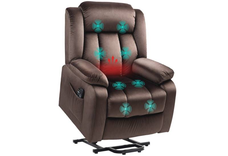 HOMCOM Massagesessel Fernsehsessel mit Aufstehhilfe, Liegefunktion, Heizfunktion (TV-Sessel, 1-St., Relaxsessel), mit Taschenfederkern, Seitentasche und Fernbedienung, Braun von HOMCOM