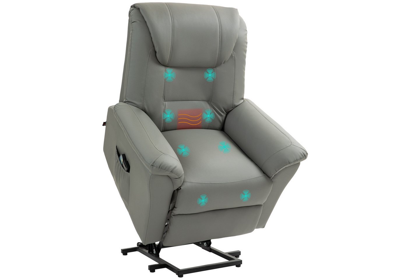 HOMCOM Massagesessel mit Aufstehhilfe, Liegefunktion, Heizfunktion (TV-Sessel, 1-St., Ruhesessel), mit Federsystem, Seitentasche und Fernbedienung, Kunstleder, Hellgrau von HOMCOM