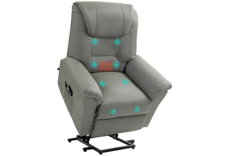 HOMCOM Massagesessel mit Aufstehhilfe, Liegefunktion, Heizfunktion (TV-Sessel, 1-St., Ruhesessel), mit Federsystem, Seitentasche und Fernbedienung, Kunstleder, Hellgrau von HOMCOM