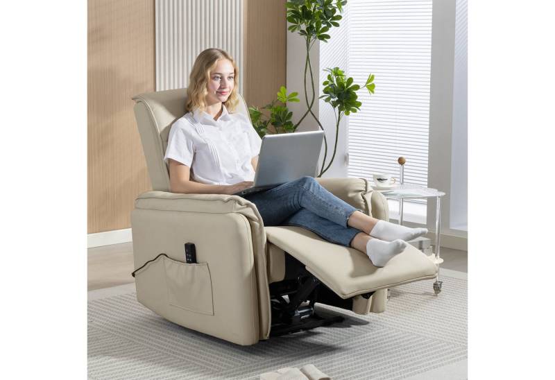 HOMCOM Massagesessel Kunstlederbezug, mit Fußstütze, Seitentasche (Elektrisch Relaxsessel, 1-St., Fernsehsessel), für Wohnzimmer, Beige von HOMCOM
