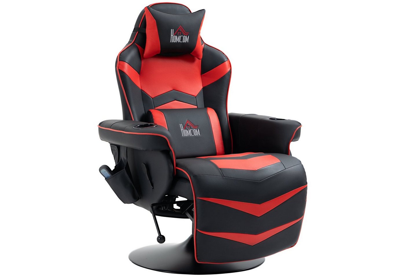 HOMCOM Massagesessel Massagefunktion, inkl. Fußstütze, Liegefunktion, Rot + Schwarz (Gaming-Chair, 1-St., Relaxsessel), abnehmbare Kissen, die Lendenwirbelstütze und der Getränkehalter von HOMCOM