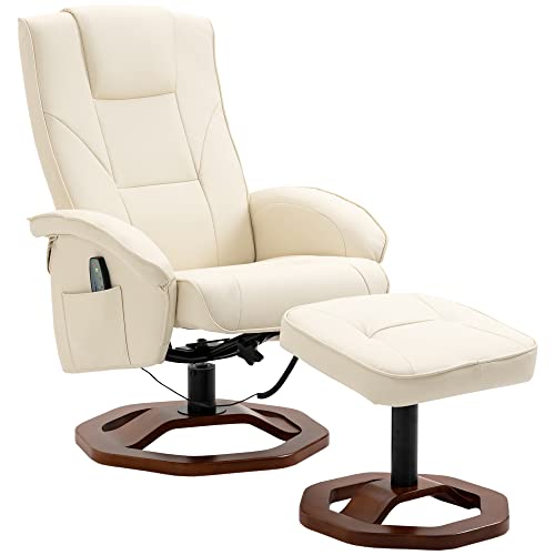 HOMCOM Massagesessel Relaxsessel mit Fußhocker Relaxliege Liegefunktion Fernsehsessel mit Massagefunktion 360° drehbar Liegesessel Stahl Kunstleder Cremeweiß+Braun 73 x 83 x 106 cm von HOMCOM