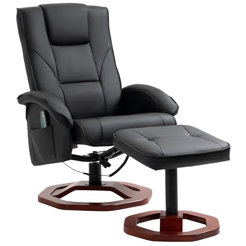 HOMCOM Relaxsessel Massagesessel mit Hocker Fernsehsessel mit Liegefunktion 360° drehbar mit Seitentasche Kunstleder 73 x 83 x 106cm Schwarz von HOMCOM