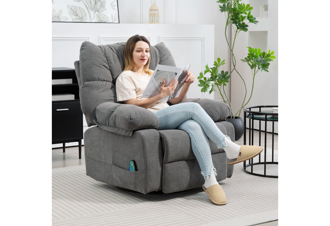 HOMCOM Massagesessel Relaxsessel mit Massagefunktion (Fernsehsessel mit Wärmefunktion, Liegefunktion, 1-St., TV Sessel mit Seitentaschen, Fernbedienung), 98 x 90 x 98 cm, Dunkelgrau von HOMCOM