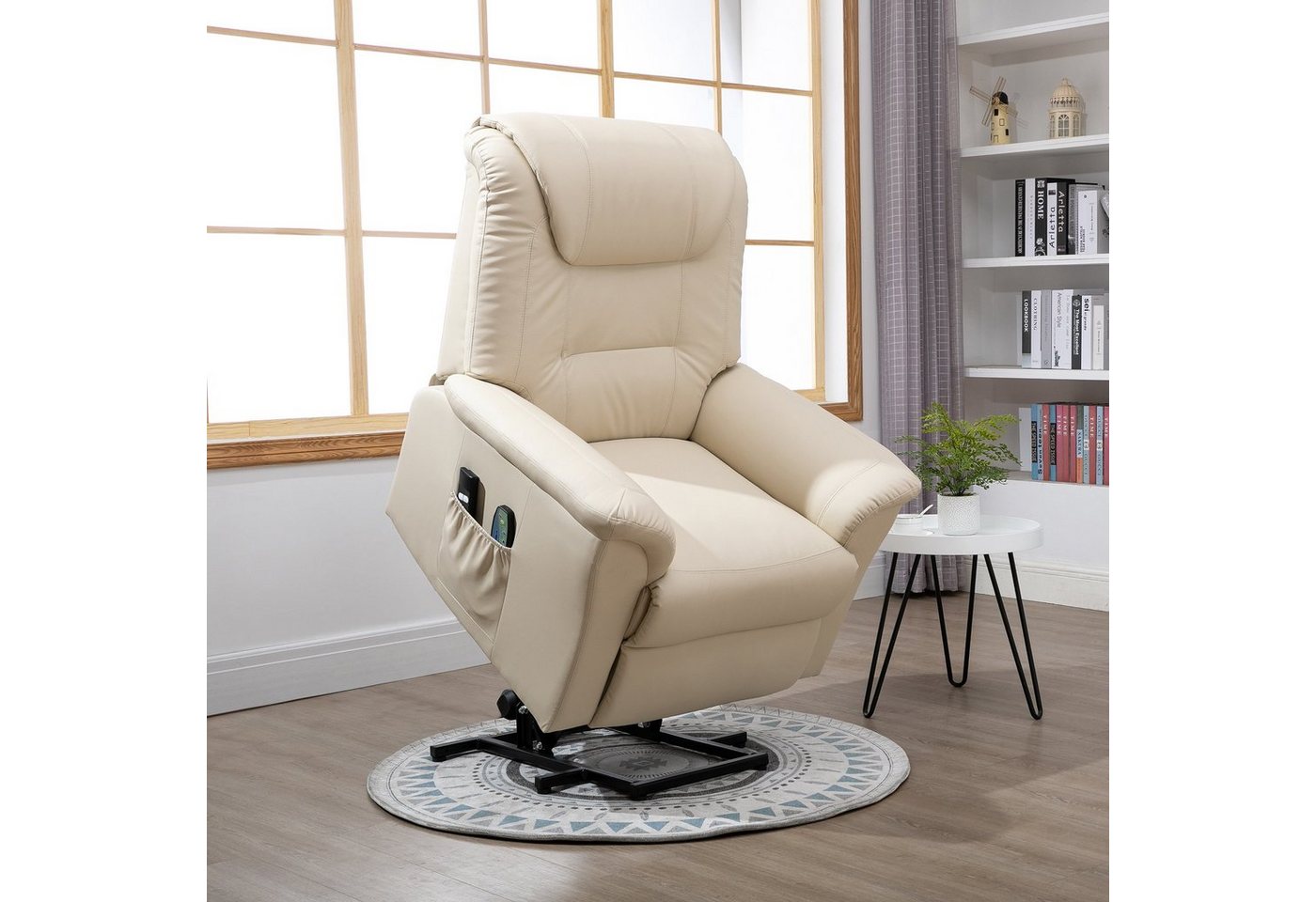 HOMCOM Massagesessel mit Aufstehhilfe, Liegefunktion, Heizfunktion (TV-Sessel, 1-St., Ruhesessel), mit Federsystem, Seitentasche und Fernbedienung, Kunstleder, Cremeweiß von HOMCOM