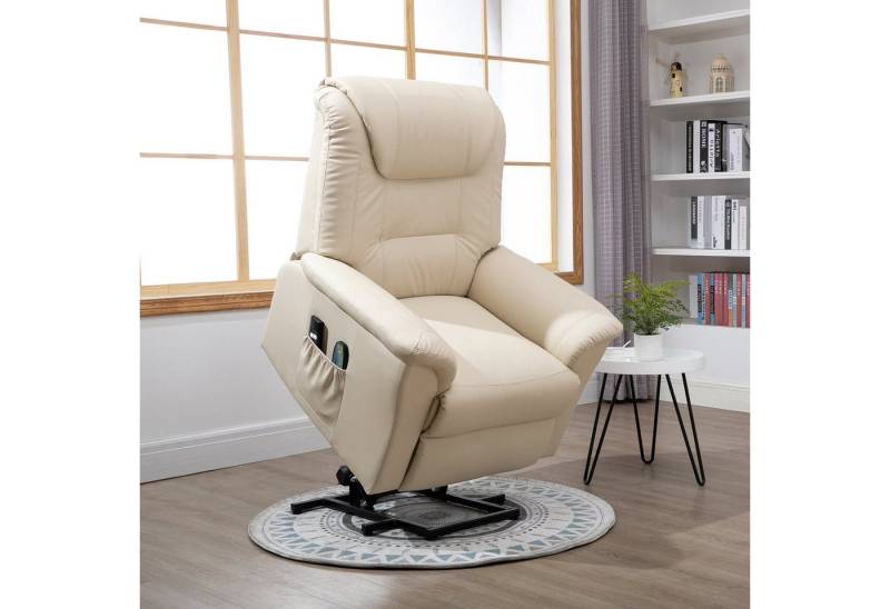 HOMCOM Massagesessel mit Aufstehhilfe, Liegefunktion, Heizfunktion (TV-Sessel, 1-St., Ruhesessel), mit Federsystem, Seitentasche und Fernbedienung, Kunstleder, Cremeweiß von HOMCOM