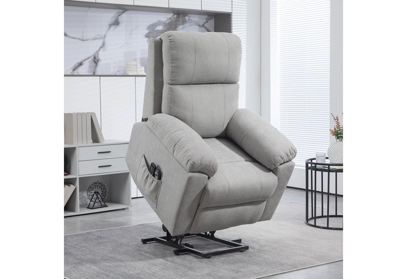 HOMCOM Massagesessel Sessel mit Aufstehhilfe mit Seitentaschen, Elektrischer Aufstehsessel (Fernsehsessel mit Fernbedienung, 1-St., Relaxsessel mit Liegefunktion), für Arbeitszimmer, Wohnzimmer, Hellgrau von HOMCOM
