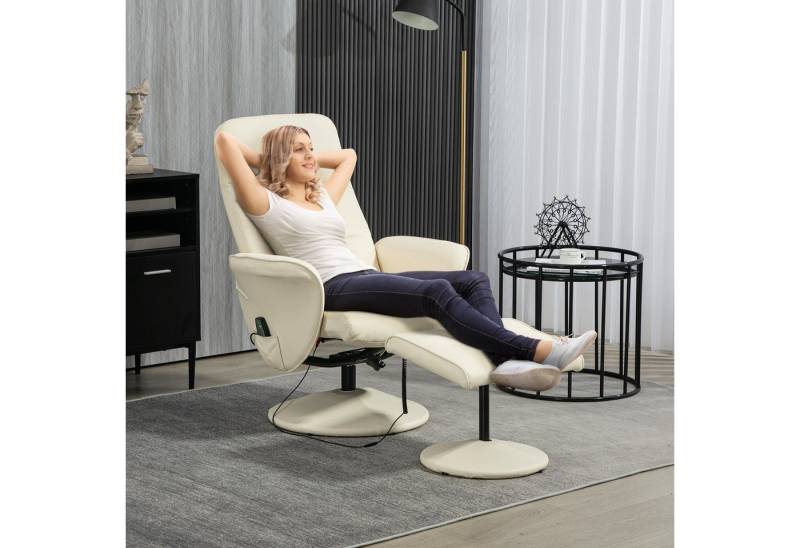 HOMCOM Massagesessel mit Fußhocker, Liegefunktion, 10 Massagepunkte (Relaxsessel, 2-St., Fernsehsessel), mit Seitentasche, Fernbedienung, Kunstleder, Cremeweiß von HOMCOM