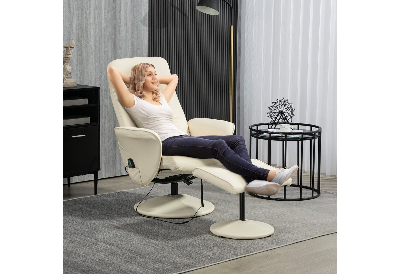 HOMCOM Massagesessel mit Fußhocker, Liegefunktion, 10 Massagepunkte (Relaxsessel, 2-St., Fernsehsessel), mit Seitentasche, Fernbedienung, Kunstleder, Cremeweiß von HOMCOM