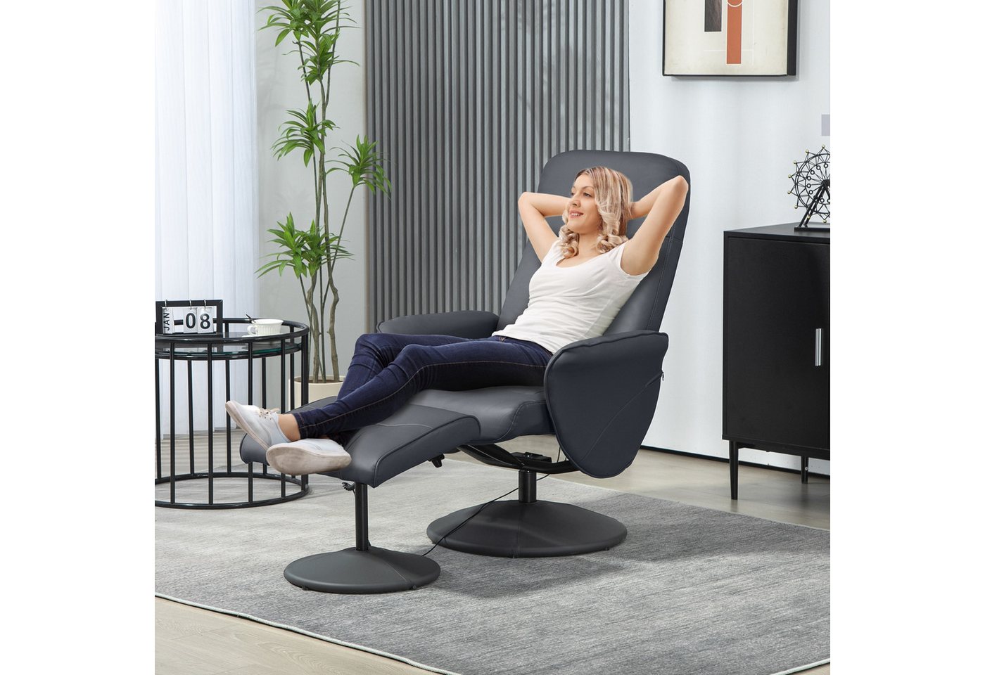 HOMCOM Massagesessel mit Fußhocker, Liegefunktion, 10 Massagepunkte (Relaxsessel, 2-St., Fernsehsessel), mit Seitentasche, Fernbedienung, Kunstleder, Dunkelgrau von HOMCOM