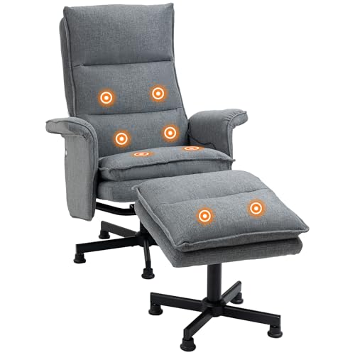 HOMCOM Massagesessel mit Fußhocker, Liegesessel, Elektrischer Fernsehsessel mit Massagefunktion, Fernbedienung, Drehbarer Relaxsessel mit Leinenoptik, Stahl, Grau von HOMCOM