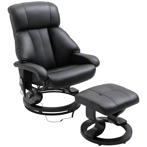 HOMCOM Massagesessel mit Hocker, 360° drehbarer Relaxsessel mit Liegefunktion, Massagefunktion TV-Sessel Fernsehsessel mit Seitentasche für Wohnzimmer, Kunstleder, Schwarz von HOMCOM