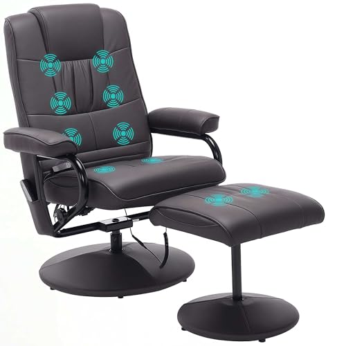 HOMCOM Relaxsessel mit Hocker, 360°drehbarer Fernsehsessel mit Massage, Liegefunktion, Massagesessel mit Seitentasche, TV-Sessel aus Kunstleder für Wohnzimmer Braun von HOMCOM