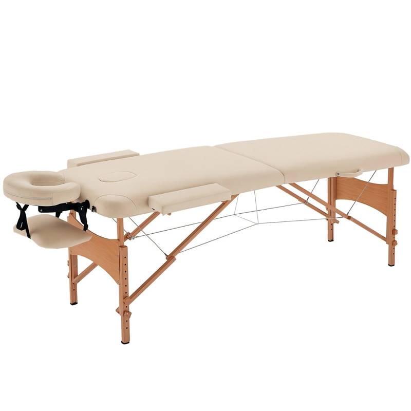 HOMCOM Massagetisch Buchenholz Kunstleder Cremeweiß 185L x 60B x 61-87H cm von HOMCOM