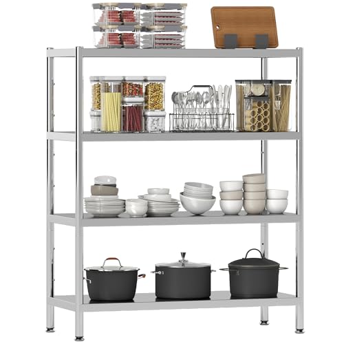 HOMCOM Metallregal mit 4 Ebenen, verstellbar auf 10 Verschiedene Höhen, Edelstahl Küchenregal 201, für Gewürze, Töpfe und Pfannen, 91x40x108 cm, Silber von HOMCOM