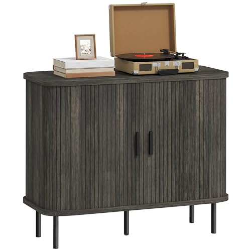 HOMCOM Mid-Century Modern Sideboard Aufbewahrungsschrank mit Slatted Tambour Schiebetüren, Küchenschrank mit Stahlfüßen, Grau HOMCOM Mid-Century Modern Sideboard Aufbewahrungsschrank mit Slatted Tambour Schiebetüren, Küchenschrank mit Stahlfüßen, Grau von HOMCOM