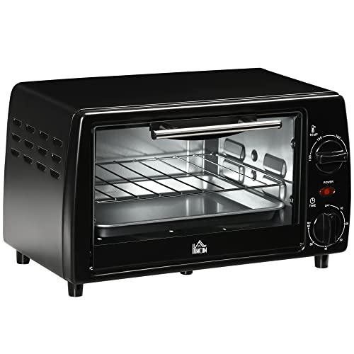 HOMCOM Mini Backofen 10 Liter 750W Kleiner Elektrobackofen mit Temperatur bis zu 230 ℃ Timer 60 Minuten Backblech und Rost 36,5x26x22 cm Schwarz von HOMCOM