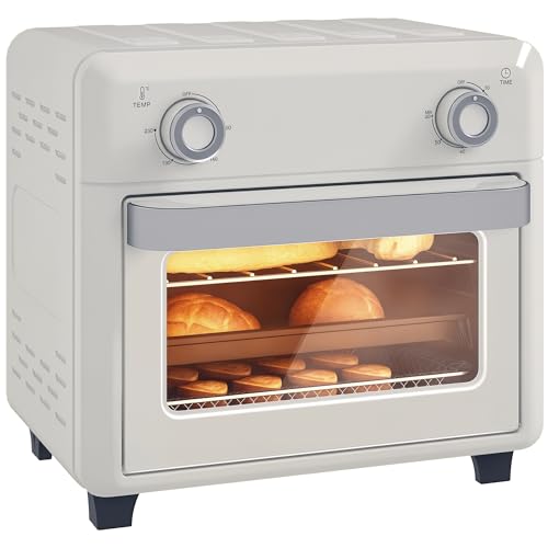 HOMCOM Mini Backofen mit Umluft 10 L 1000W 80-230℃ Heißluftofen mit 60 Min. Timer, Heißluftfritteuse inkl. Krümelblech, Backblech Grillrost, Minibackofen mit Innenbeleuchtung Pizza-Ofen Cremeweiß von HOMCOM