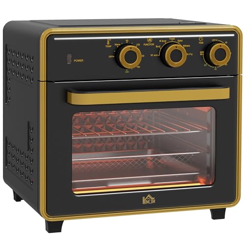 HOMCOM Minibackofen 20L, 5 in 1 Pizza-Ofen inkl. Backblech Set, Frittierkorb, Krümelblech, 1 Std. Timer, 90-230℃, 1400 W Elektrischer Mini Ofen mit Umluft, Schwarz von HOMCOM