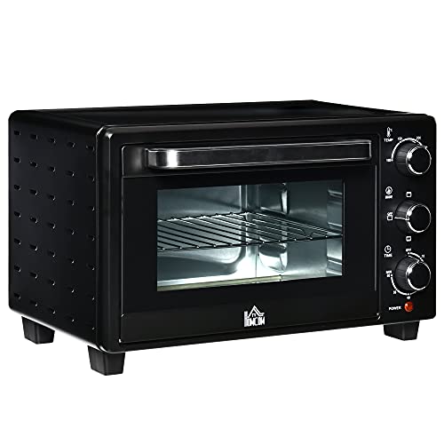 HOMCOM Minibackofen 21L mit 1 Drahtgestell und 1 Backblech 3 Kochmodi 100 °C-230 °C einstellbare Temperatur Miniofen 1400W Pizzaofen mit Grillrost Edelstahl Glas Schwarz+Silber von HOMCOM